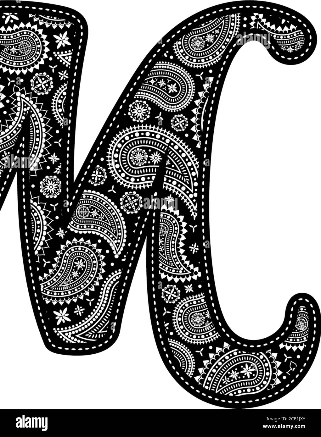Großbuchstabe M mit Paisleymuster. Stickerei in schwarz. Isoliert auf Weiß Stock Vektor