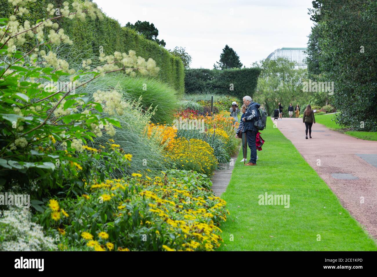 Menschen mit Blick auf eine bunte krautige Grenze, Royal Botanic Garden, Edinburgh Schottland Großbritannien Stockfoto