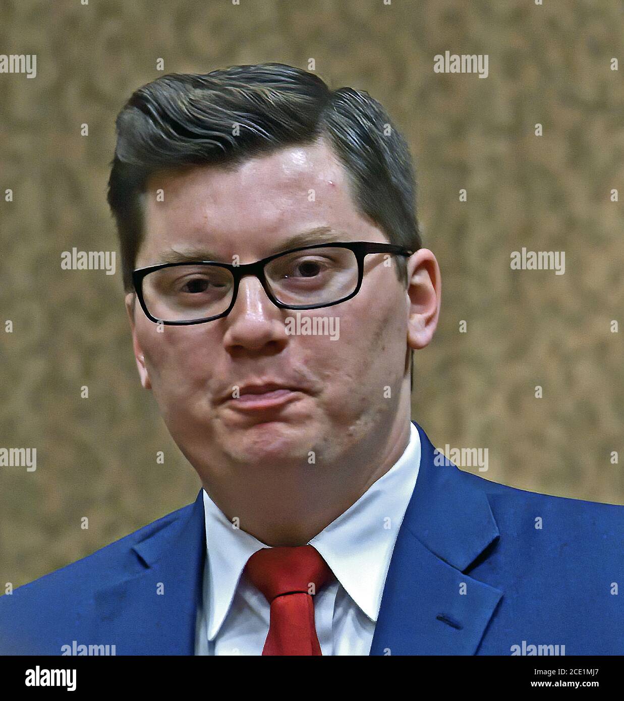 Topeka, Kansas, USA, 16. Februar 2019 Kansas State Treasurer Jake LaTurner spricht mit Mitgliedern des 2. Kongressbezirks während einer Sitzung auf der jährlichen GOP-Versammlung Stockfoto