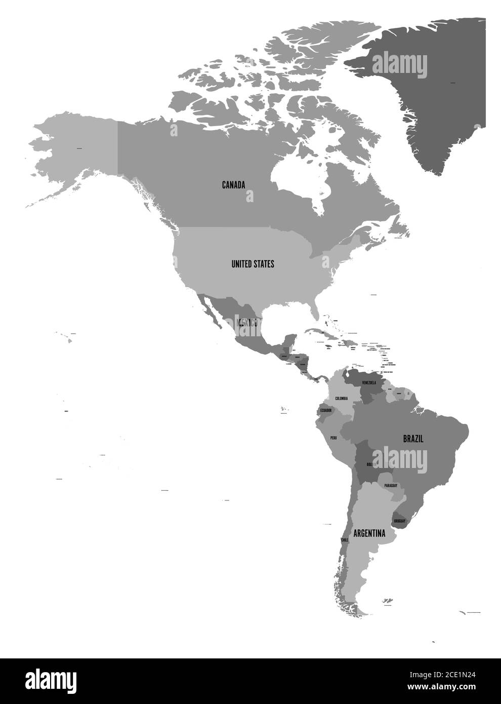 Politische Karte Amerikas in vier Grautönen auf weißem Hintergrund. Nord- und Südamerika mit Länderkennzeichen. Einfache flache Vektordarstellung. Stock Vektor