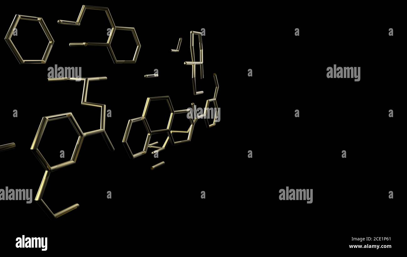 3d Gold Metall Sechsecke auf schwarzem Hintergrund HD Struktur Molekül Kommunikation. DNA, Atom, Neuronen. Wissenschaftliches Konzept. Verbundene Leitungen mit do Stockfoto