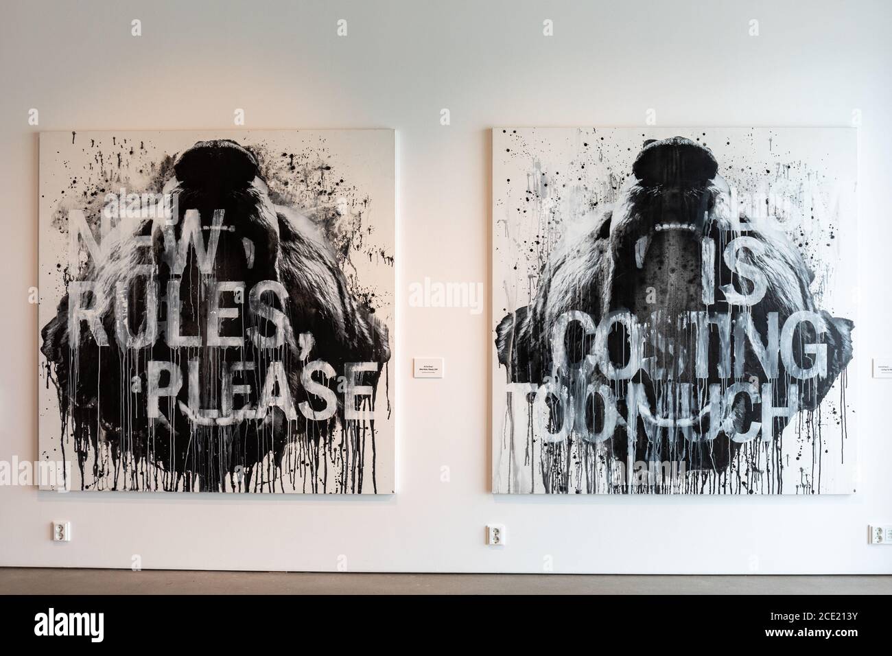 R-O-A-R Nr.1 (Neue Regeln, Bitte) und R-O-A-R Nr.4 ( ISM kostet zu viel), Gemälde von Jussi TwoSeven im Kangasala Arts Centre in Finnland Stockfoto