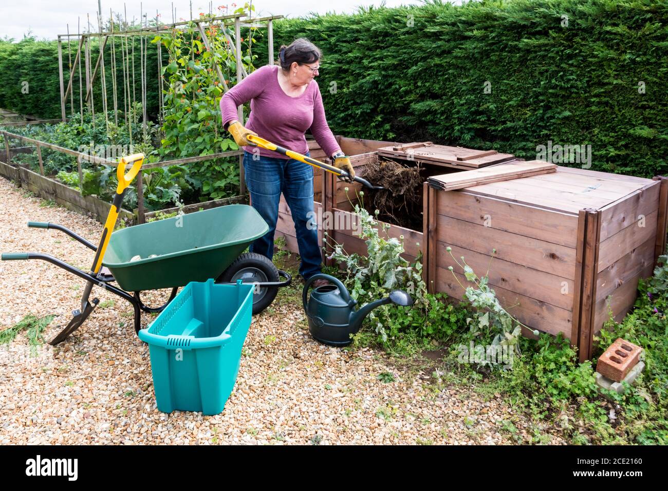 Frau, die im Garten arbeitet und Kompost zwischen den Mülleimern bewegt. Stockfoto