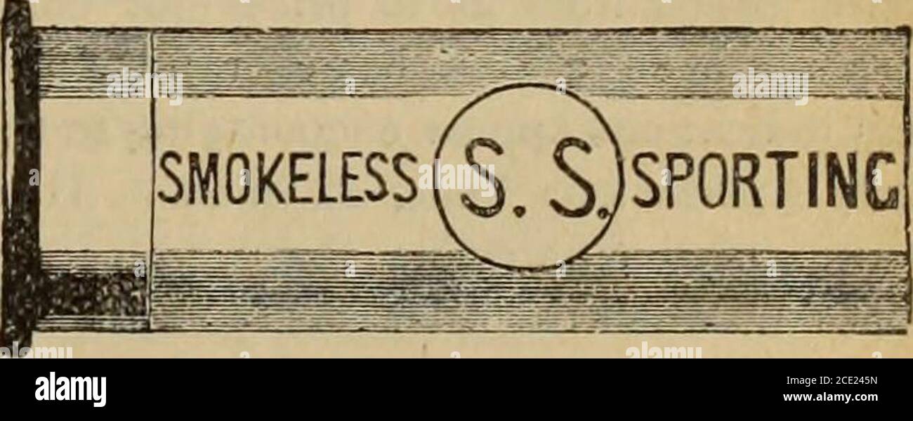 . Hardware Merchandising 1895 . VERSUCHE von ELEY BROS, und ROD & GUN. UNÜBERTROFFENE DATENSÄTZE. GESCHWINDIGKEITEN: Bei 2t?2 Yards, 1012 68 Fuß pro Sekunde. 43 87272 weit über jedem anderen Pulver – Nitro oder Schwarz. Muster 233. Pads durchdrungen (Eleys Special) 30-6. Drücke nur 2 17 Tonnen. Alle zukünftigen Ausgaben wurden nach diesem Standard gemacht. RAUCHFREIES GEWEHR- UND REVOLVERPULVER / C T3 für Martini-Henry und ähnliche Großbohrgewehre; / auch für Punt-Gewehre. T?,f/oif-Q 1ni für Lee-Metford und andere-LVlilClLC JUJ. Magazine und SportingRifles, Kaliber 236 bis 315. T? 1 flifo • a ris für Sporting, Express und Mili-rVUlCie 4 Stockfoto