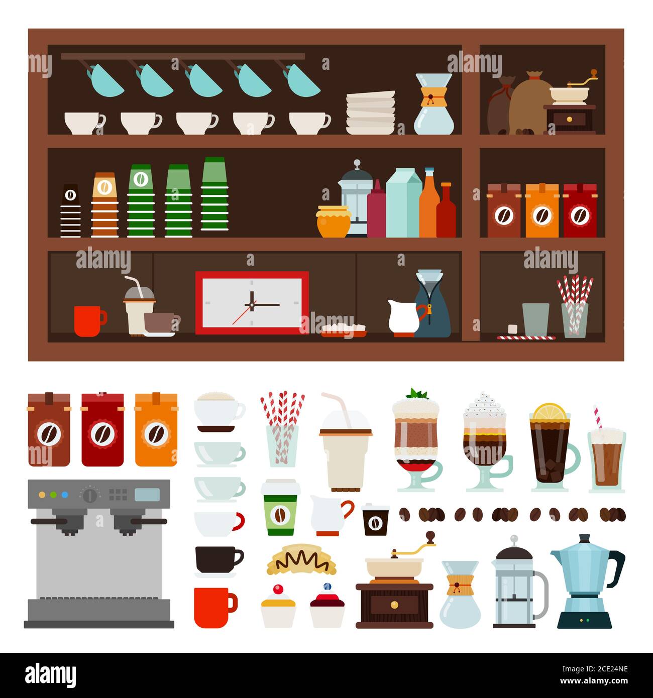 Sammlung von Waren für ein Café Vektor-Illustration in einem flachen Design. Stock Vektor