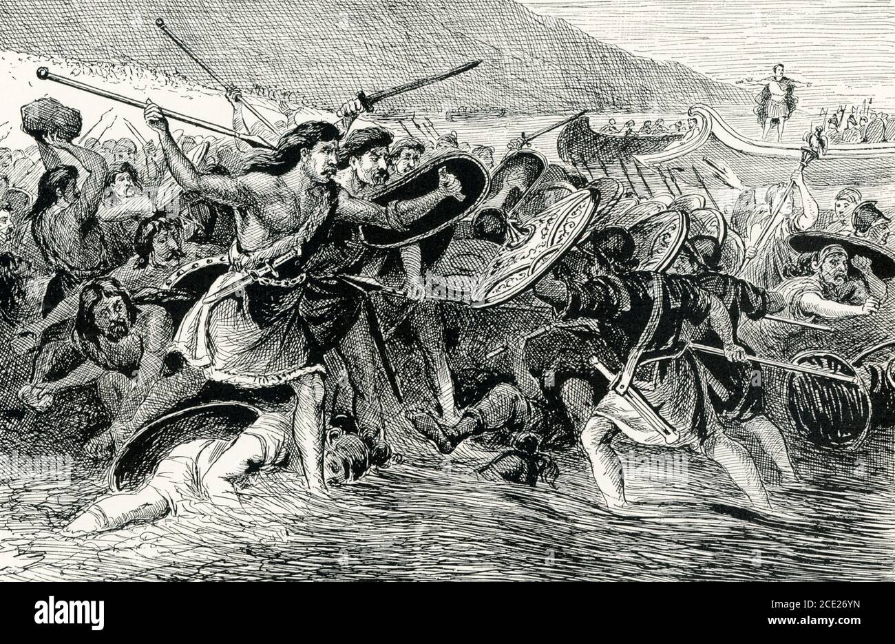 Caesar Landing in Großbritannien. Julius Caesar trug römische Waffen in wilde Regionen, in die sie noch nie eingedrungen waren. Die erste historische Notiz, die wir von Großbritannien haben, ist die, in der Caesar selbst von seiner Invasion dort in 55 B.C. erzählt.die wilden Stämme stürmten hinunter zum Ufer, um seinen Soldaten zu treffen, und aufgeladen sogar heraus ins Wasser mit Speeren und Knüppeln, Oder barbarehand kommend, ergriff Felsen und schleuderte sie auf die Eindringlinge. Der verzweifelte, aber unorganisierte Widerstand, den er überall traf, verhinderte Caesar, dass er eine dauerhafte Eroberung der tapferen Inselbewohner machte. Stockfoto