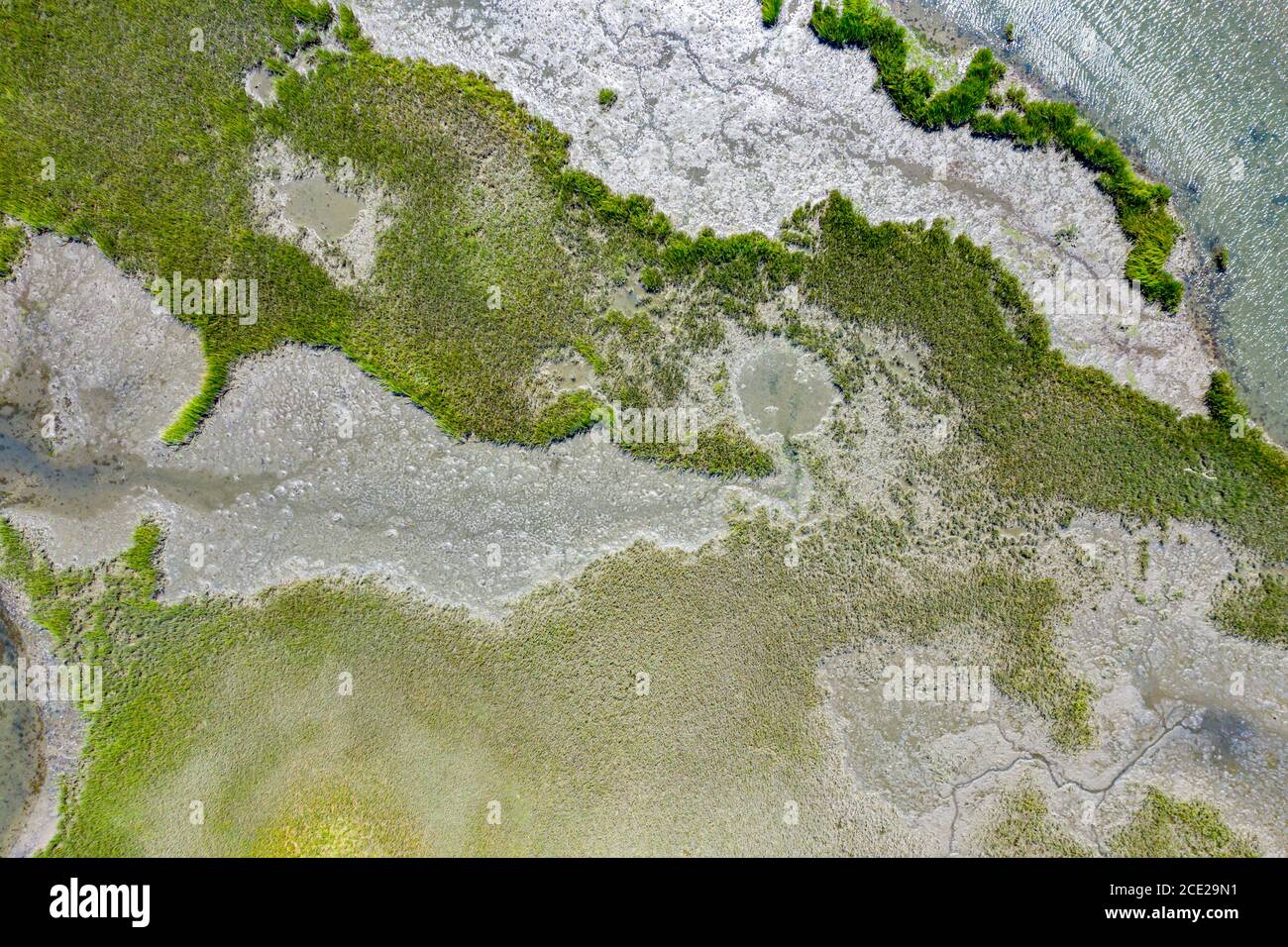 Luftaufnahme der Küste mit Feuchtgebieten, Southampton, NY Stockfoto