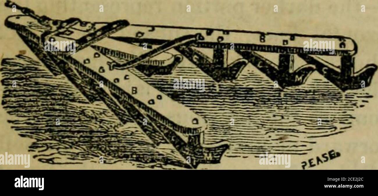 . Das illustrierte jährliche Register der ländlichen Angelegenheiten und Landwirt almanac für das Jahr .. . Spannvorrichtung 137-ScgTCH Harrow. Abb. 138 - Geddbs Harrow. Zweck aus zähen und gesunden Holz zwei Zoll Quadrat gesägt werden, (Tlie besten Ulme Antworten gut,) und die Zähne sollten etwa fünf-acht eines Zoll-Quadrat, und sie sollten nicht weniger als 48 in der Zahl. Eine solche Egge wie diese wird ein gepflügtes Feld fast so glatt wie ein Zwiebelbett verlassen.für allgemeine Zwecke, die quadratische Egge mit größeren und weniger Zähnen, (32 ist eine gemeinsame immber,) oder die Geddes Egge (Abb. 138,) Antworten auf guten Zweck. Weiter, für Tiefe, ist Aktien Ha Stockfoto