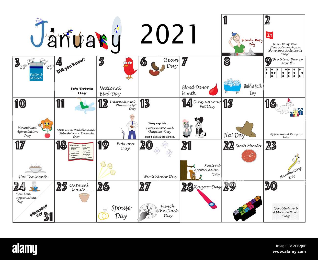 Januar Monatskalender illustriert und mit täglichen schrulligen Feiertage und Ungewöhnliche Feiern mit Sonntag Anfang Woche beschriftet. Stockfoto