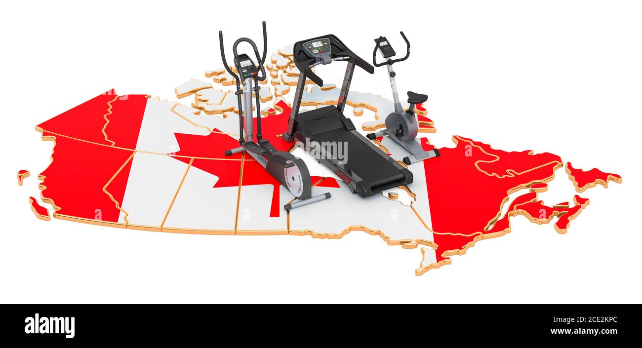 Sportvereine in Kanada. Fitness, Trainingsgeräte auf kanadischer Karte. 3D-Rendering auf weißem Hintergrund isoliert Stockfoto