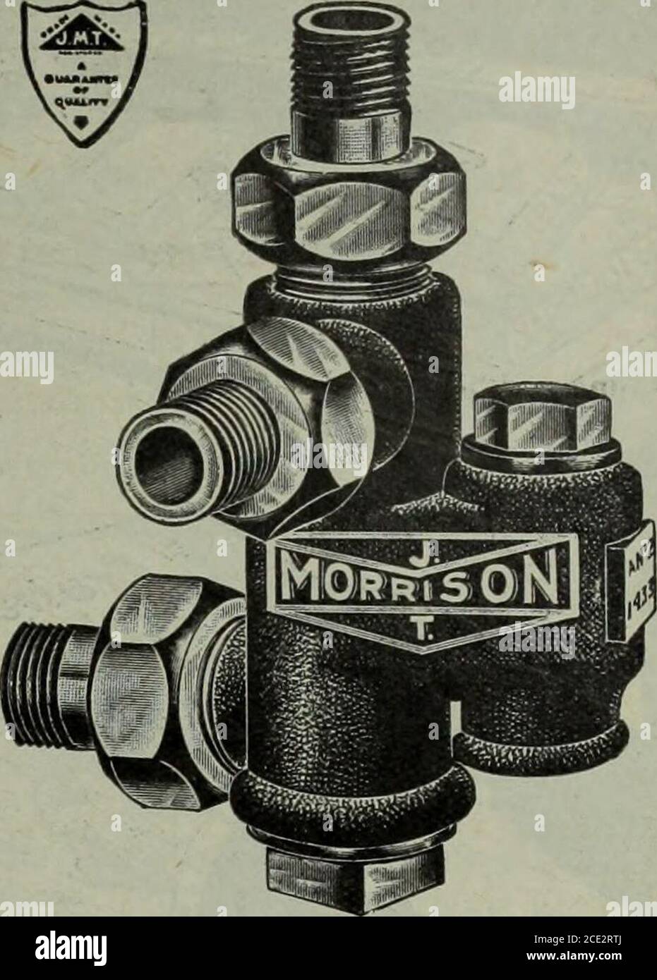 . Hardware Merchandising (Januar-März 1908) . 22 HARDWARE UND METALL E 11. Das J.M.T. INJEKTOR ist ein Kesselspeiser angepasst an jede Art von Kessel, stationär, tragbar oder marine. Es verkörpert alle guten Leistungen in der Kesselspeiserkonstruktion. Einfach, Effizient, Langlebig. Stockfoto