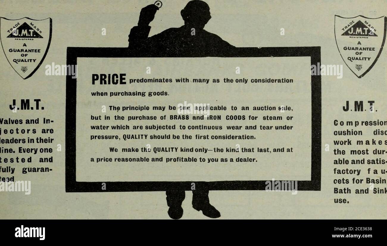 . Hardware Merchandising (Januar-März 1908) . 22 HARDWARE- UND METALLINGENIEURE UND INSTALLATEURE LIEFERN. J.M.T. Ventile und in-j e o t o r s areleaders in der Leitung. Alles garantiert und garantiert. Co mp-Resionkissenscheibe macht die meisten Dur-able und Satis-Factory fau-cets für Becken, Bad und Sinkuse. The Jas. Morrison Brass Mfg. Go., Limited 93-97 ADELAIDE St. WEST, TORONTO Stockfoto
