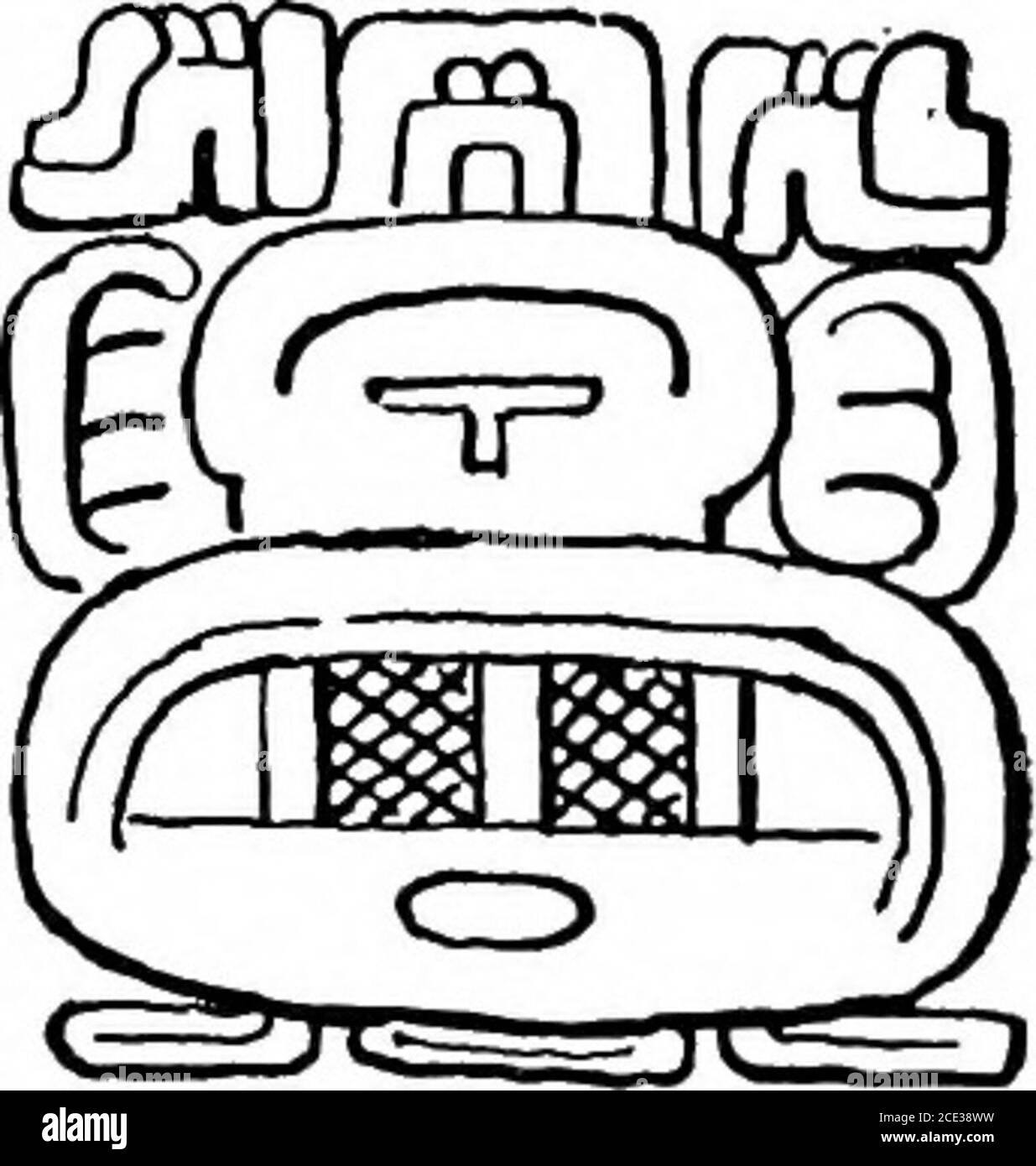 . Eine Einführung in das Studium der Maya-Hieroglyphen . auf Seite 97 erachtete, sind die Kopfe für 1 und 8 sehr ähnlich und sind nur durch ihre Stirnschmuck voneinander zu unterscheiden, wobei die erstere ein Vorderkopfornament hat, das aus mehr als einem Teil besteht, wie in A3, Und die lattera Stirnschmuck aus nur einem Teil, wie hier in A4. Dieser Kopf ist außerdem dem Kopf für 8 in Abbildung 52 a-f sehr ähnlich; tatsächlich ist der einzige Unterschied, dass der erstere einen fleischlosen Unterkiefer hat. Dies ist das wesentliche Element des Kopfes für 10 (siehe S. 100), wenn es für jede andere Zahl i auf den Kopf angewendet wird Stockfoto