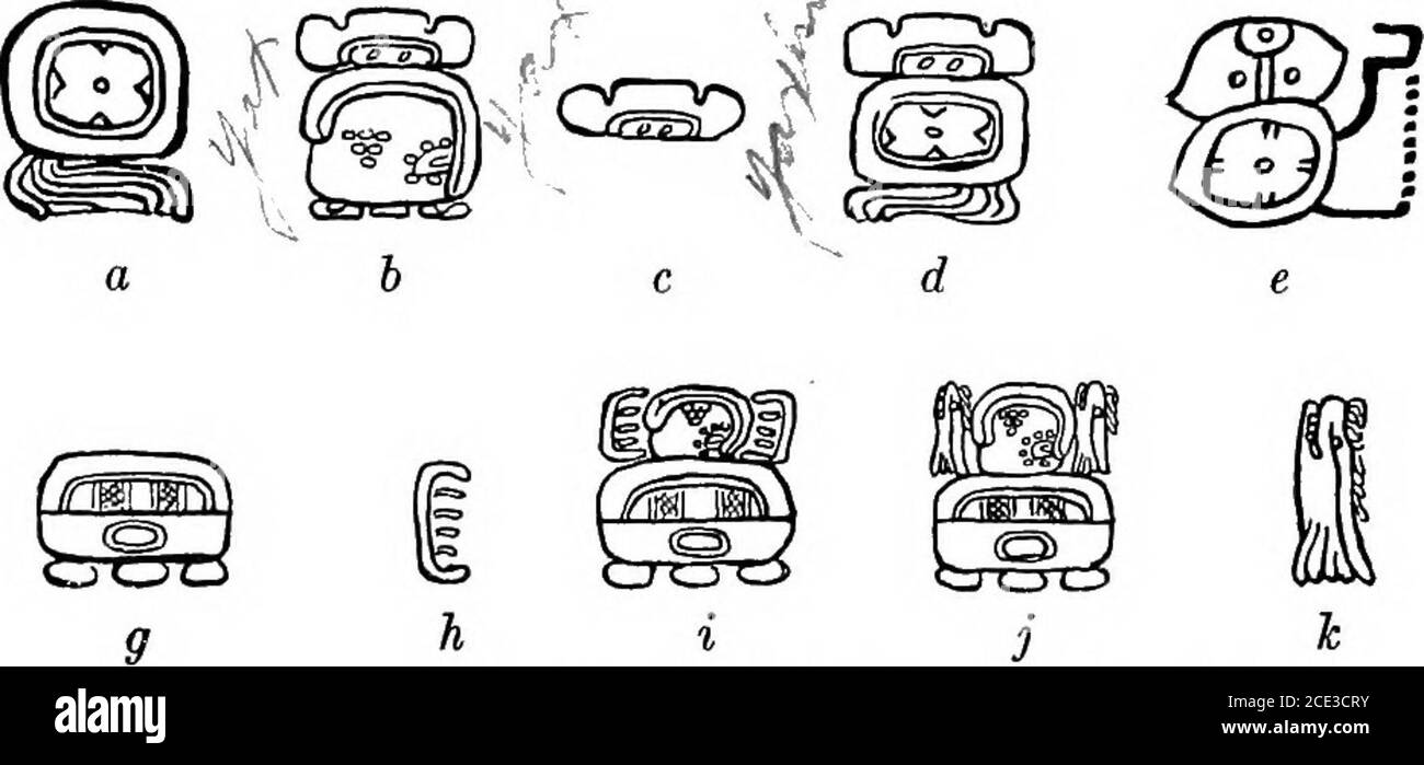 . Eine Einführung in das Studium der Maya Hieroglyphen. Abb. 13), jedes von whicli hat im.asits letzte Silbe. Auch hier wird der phonetische Wert tun durch die Glyphe in g ausgedrückt, und der Ton ca (c hard) durch das Zeichen h. Der Ton TcaMnis rejpresented by the character in i, a combination of these two.Manchmal nimmt die Glyphe für diesen gleichen Klang die Form von j, das Fischelement in IC ersetzt das kämmartige Element h. Weit davon entfernt, den phonetischen Charakter dieser zusammengesetzten Glyphe zu zerstören, stärkt diese Variante Ti in Wirklichkeit sie, da in Maya das Wort für Fisch iscay (c hard) und con Stockfoto