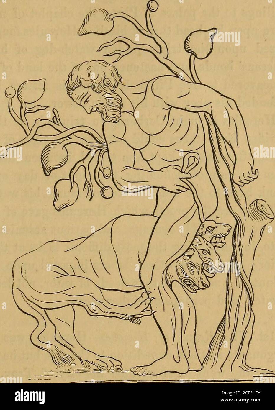 . Griechische und römische Mythologie . tapferer Tod selbst in seinen eigenen Herrschaften - in die offene Schlucht hinabzusteigen, die zu seinen Territorien führt, und in einem unverschämtem Kampf mit dem König der Schrecken zu kämpfen. Bevor Herkules auf seinem Weg zur unteren Welt ging, wurde er in den Eleusinian Mysterien eingeweiht, um zu sein, wie es für jedes Ereignis vorbereitet wurden, ob Leben oder Tod: Er dann mutig in die Höhle am Prom-ontory von Taenarus, die zum Aufenthaltsort der Schattierungen führte. Er rief Charon an, um ihn über den Styx zu rudern, und als er das Op-posite Ufer erreichte, ersah er zuerst den dreiköpfigen Hund Cerberus und therchai Stockfoto