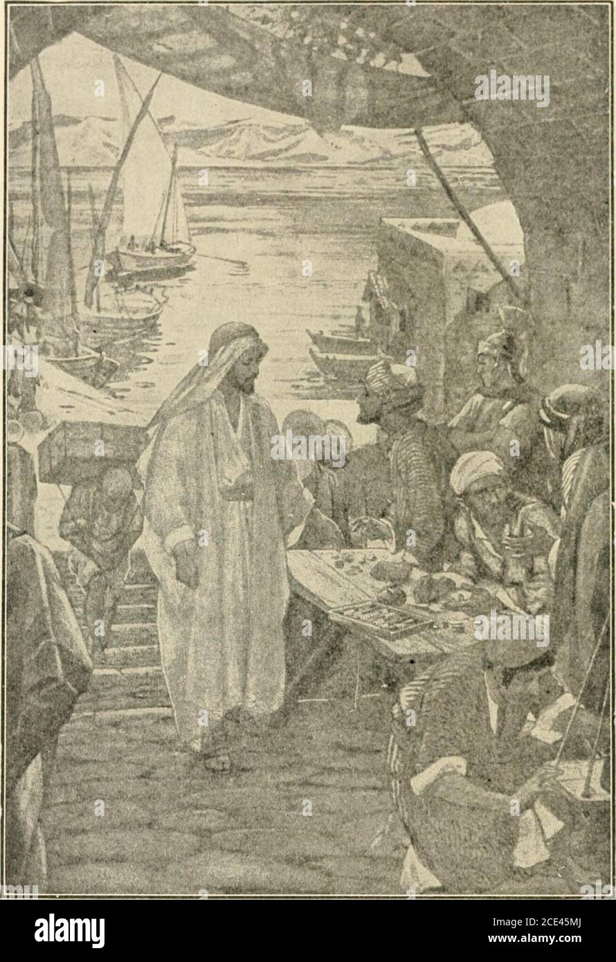 . Hurlbut's Leben Christi für Jung und Alt. Ich werde euch zeigen, dass, während ich auf der Erde als Menschensohn bin, Gott^die Macht gegeben hat, die Sünde zu nehmen. Da wandte er sich zu dem erbumten Mann, der auf dem Bett lag, und sprach mit lauter Stimme: Ich sage dir: Stehe auf, nimm dein Bett und geh in dein Haus! In einem Augenblick kam ein neues Leben zu dem erbarzten Mann, der in voller Kraft auf seinen Füßen stand, seine Decke zusammenrollte, die Matratze, auf der er lag, auf seine Schulter legte und durch die Menge ging, die sich öffnete, um ihm einen Weg zu machen. Durch die Straßen ging der Mann nach Hause, Stockfoto