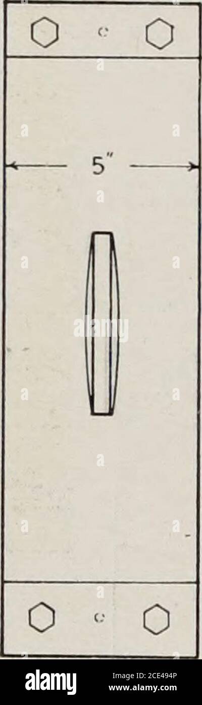 . Engineering Forschung Serie . Abb. 20. Form für Spannung Probe. Abschnitt von fünfundzwanzig Quadratzoll. Abb. 20 zeigt die Abmessungen dieser Formen. Sie wurden aus Gusseisen gefertigt und innen sowie an Ober- und Unterkanten glatt. Die Stifte in der Skizze ermöglichen es, zwei Teile schnell zusammenzupassen, während die Schrauben sie an Ort und Stelle halten. Mischen, Platzieren, etc. Die Formen, gut geölt, wurden auf gefettete verzinkte Eisenplatten gelegt. Der Beton für jedes Prozent-Alter des Zements wurde wie bereits beschrieben gemischt und vorsichtig in Schichten von etwa zwei Zoll vertampft. Nach einem Tag in der Luft, die Stockfoto