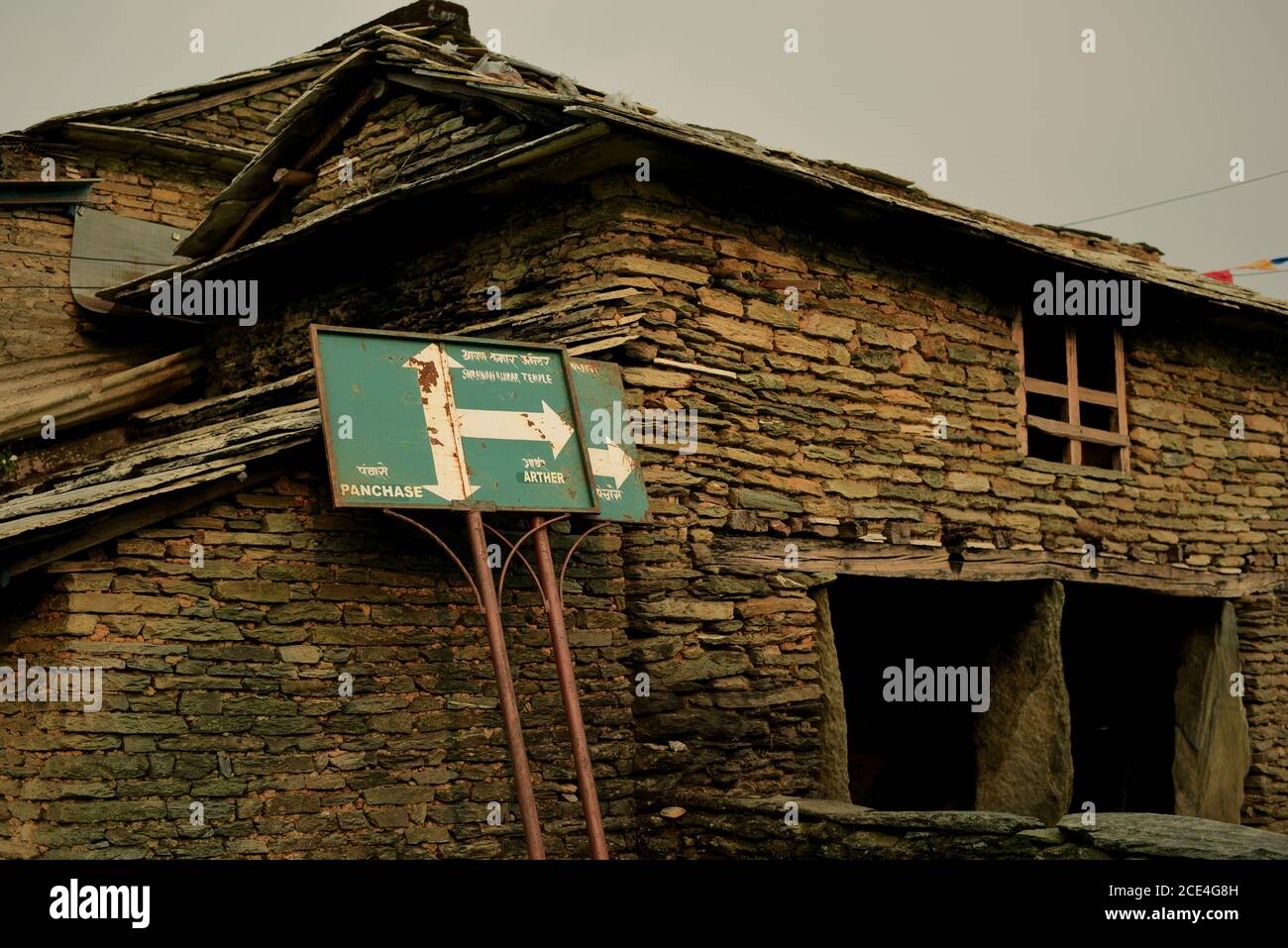 Richtungsschild an der Wand eines leeren Gästehauses im Ökotourismus-Dorf Bhanjyang, Panchase Bergregion, Nepal. Stockfoto