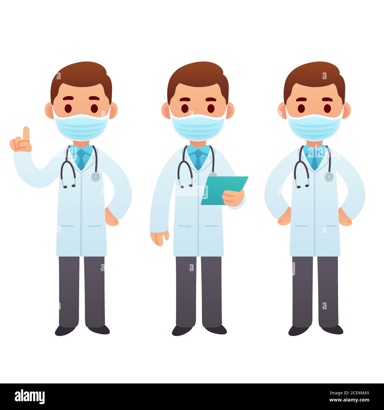 Cartoon Arzt Figur Illustration Set. Männlicher Sanitäter in Gesichtsmaske stehend und zeigend. Nette Cartoon medizinische Arbeiter Vektor Clip Art. Stock Vektor