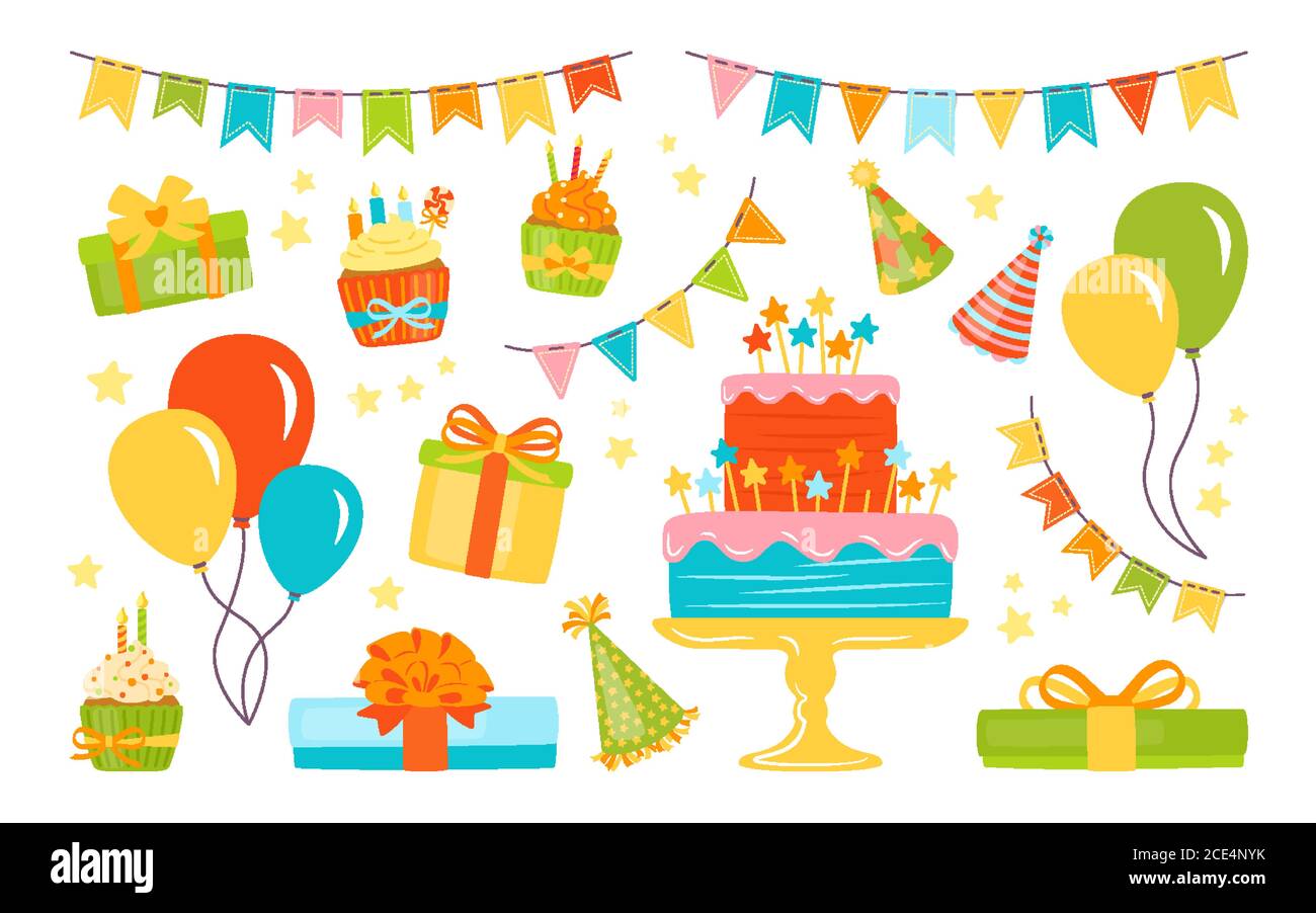 Geburtstagsfeier Elemente gesetzt. Bunte Luftballons, flaches Festessen und Süßigkeiten. Cartoon Geschenk Kuchen, Kerze, Geschenkbox, Cupcake. Party Design Elemente, Ballons und Süßigkeiten, Dessert. Isolierter Vektor Stock Vektor