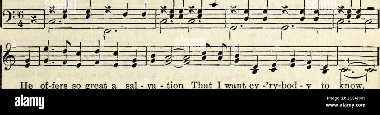 . Mit Herz und Stimme : eine Sammlung von Liedern für den Einsatz in Sonntagsschulen, Jugendgesellschaften und anderen Andachtsversammlungen . S ?^ i 1 J: t±t,p=:t, ^ -zr^- &gt;-- Ich sage das alte sto - ry von je - sus, when-ev-er- Wherev-er ich gehen; so groß ist seine lov - ing com-pas - Sion, Er nev-er verwandelt Sünder ein - wegSo ma - ny wissen nichts von je - sus, und nichts von den Villen oben, kommen, helfen Sie mir, die gute Tid zu verbreiten - ings of Christ, lo earths äußersten gebunden,. Er of-fers so groß ein Sal - va - tion, dass ich will ev -ry-bod - y toh^an kommen mit einem Herzen von re-pent-ance, und das un - zu ihm Hon-est-lyBecau Stockfoto