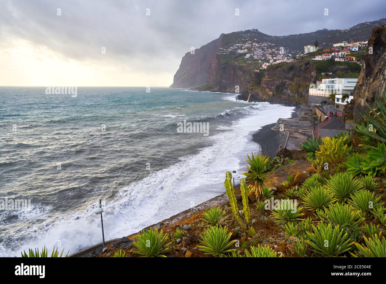 Blick auf Kap Girão mit Kaktus auf den Vordergrund in Camara de Lobos, Madeira Stockfoto