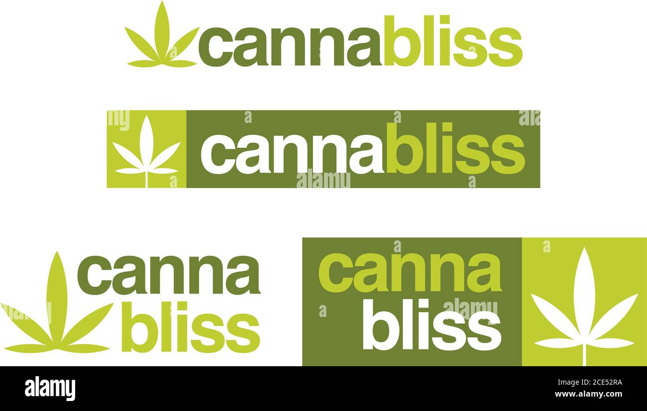 Set aus vier Cannabis- oder Marihuana-Logos oder Badge-Designs, die die Wörter Cannabis und Glückseligkeit kombinieren, um Kannabliss zu bilden. Enthält vereinfachtes Cannabisblatt. Stock Vektor