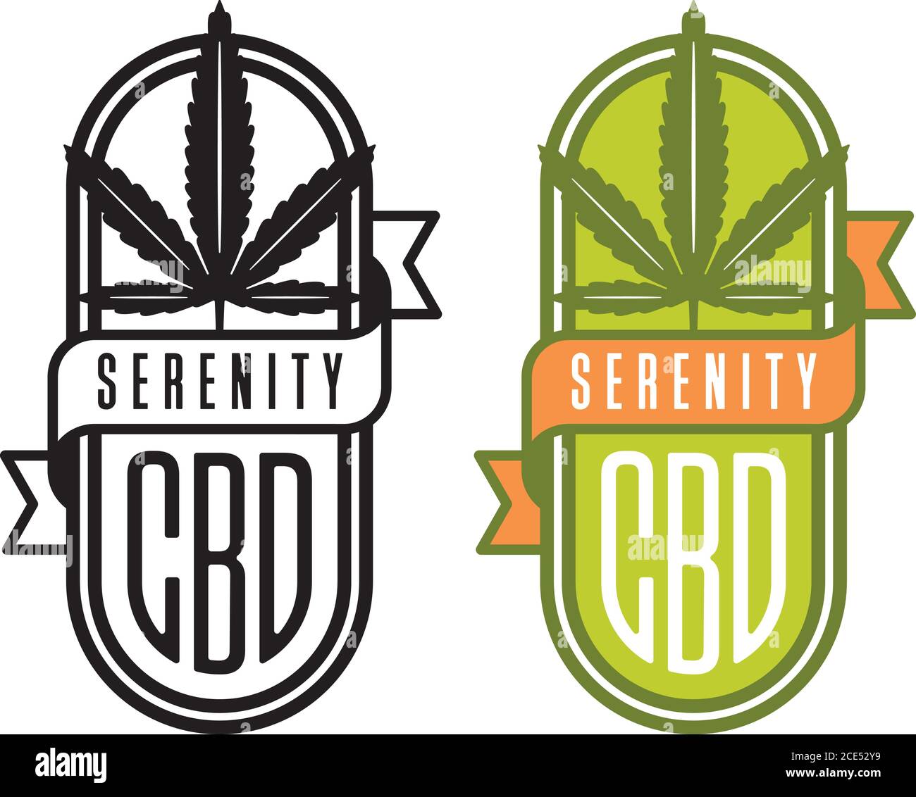 Cannabis CBD Vektor Logo oder Abzeichen. Cannabisblatt-Design mit CBD und Serenity-Banner. Umfasst Ausführungen in Farbe sowie in Schwarzweiß. Stock Vektor