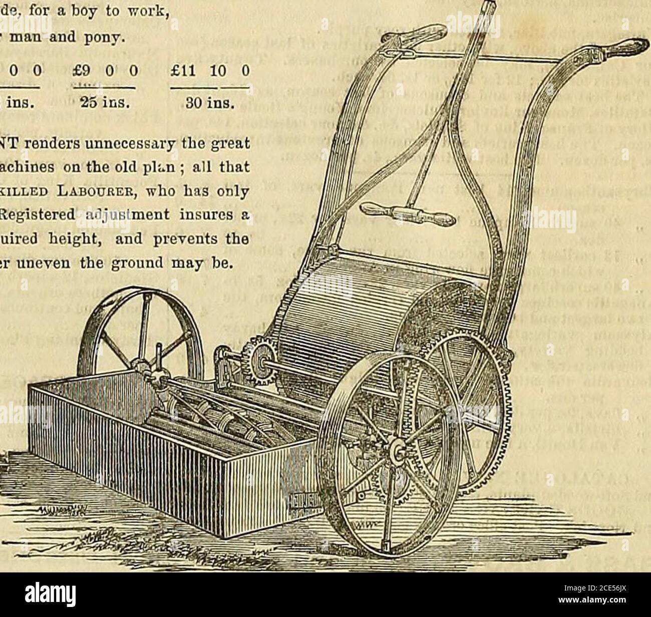 . Die Gärtnerchronik und die Agrarzeitung . BORDERS, BOWLING GREENS, ETC; zu schneiden von 16 Zoll breit, für einen Jungen zu arbeiten, bis zu 30 Zoll breit, für Mann und Pony. Preise ... £5 10 0 £5 17 6 £6 0 0 £9 0 0 £11 10 0 Breite Schnitt 16 Zoll 19 Zoll 22 Ina. DER REGISTRIERTE^IMPROVEMUNT macht die gi-Eat&lt;!sind bei der Handhabung dieser Maschinen auf der alten pli.n erforderlich ; alles was jetzt erforderlich ist, kann von einem unerfahrenen Arbeiter erledigt werden, der nur die Maschine vor sich hat. Die registrierte Einstellung sorgt für einen schlanken und perfekt Ebenen Schnitt jeder gewünschten Höhe und verhindert diefeniv Stockfoto