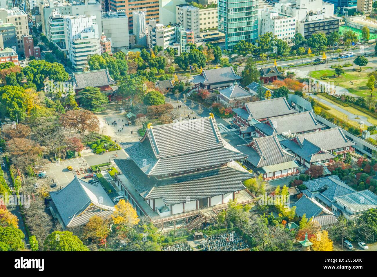 Zojoji-Tempel vom Tokyo Tower Observatory aus gesehen Stockfoto