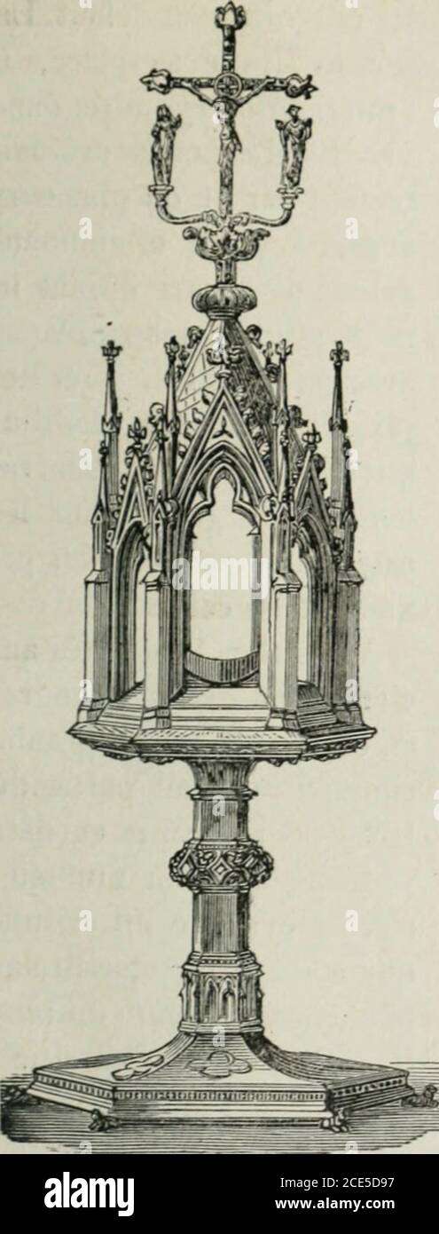 . Eléments d'archéologie chrétienne . ouronné par unriche fleuron doù sélève uncrucilix et deux branches por-tant des statuettes de la sainteVierge et de saint Jean. Lepied est muni de Six petitesboites en forme de quatre-feuilles, sans doute primitive-ment recouvertes dun cristalet destinées à recevoir des re-liques; elles ont été remplesau iLoyen de plaques en ar-gent doré, le rituel modern permettant pas dexposerdes reliques avec le Saint-ku, * 1. La monstrance est Ostensoir provenant de 1 abb;iyede Herckenrode, actuellement à léglise munie dune double lunelle, dont lune Stockfoto