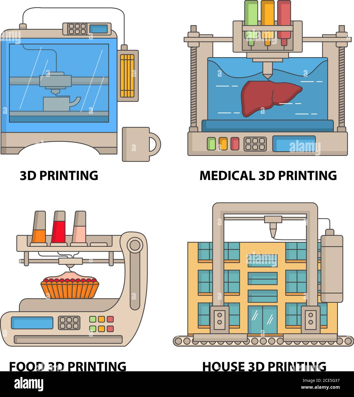 Vektor 3d-Drucker flach dünne Linie Symbolsatz Stock Vektor