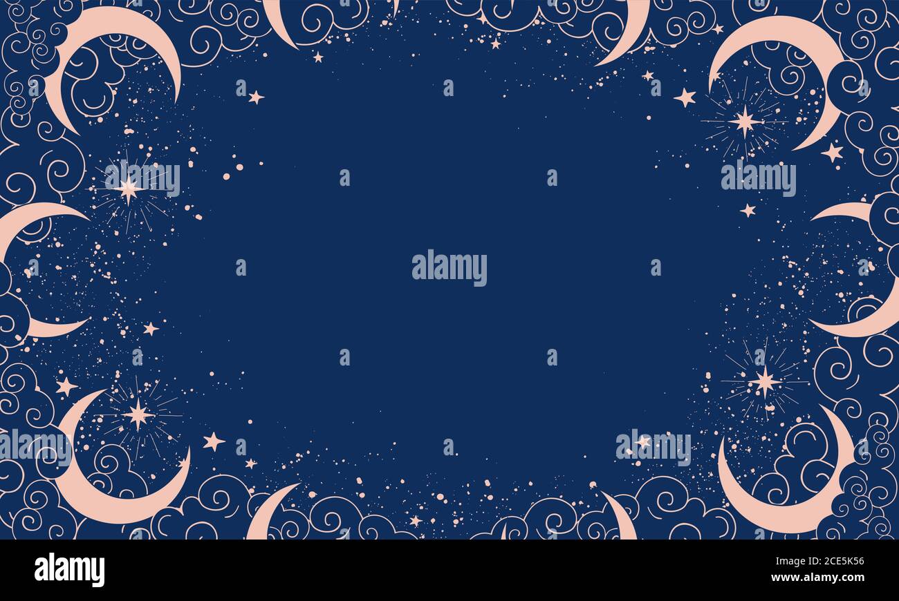 Magischer blauer Hintergrund mit Mond und Halbmond, Platz für Text. Astrologisches Banner mit Sternen, kosmisches Muster für Boho-Design, Astrologie. Doodle Vektorgrafik Stock Vektor