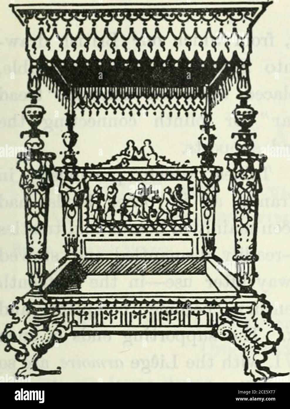. Das Buch der dekorativen Möbel, seine Form, Farbe und Geschichte . ESCABEAU, ODER SELLETTE. Wörterbuch, geht sogar auf die drastische Länge der Definition solcher Stücke als schlecht favorisierte gewöhnliche oder Land-Stoole einer billigeren Art tnanthen joyned oder Buffet-Stoole. DIE RENAISSANCE IN FRANKREICH 149. BETT. ANDROtJET DU CEBCEAU. 1575. BETTGESTELLE Bettgestelle wie die von Jeanne dAlbret, der Mutter von Henri iv., aus dem Chateau de Pau (siehe Farbteller Nr. XXII.), kennzeichnen den Übergang von der umschließenden Form des Bettes, das in die Wand eingebaut ist, von offenen und hygienischen Bettgestellen, in denen vier Pfosten hochgehalten werden Stockfoto