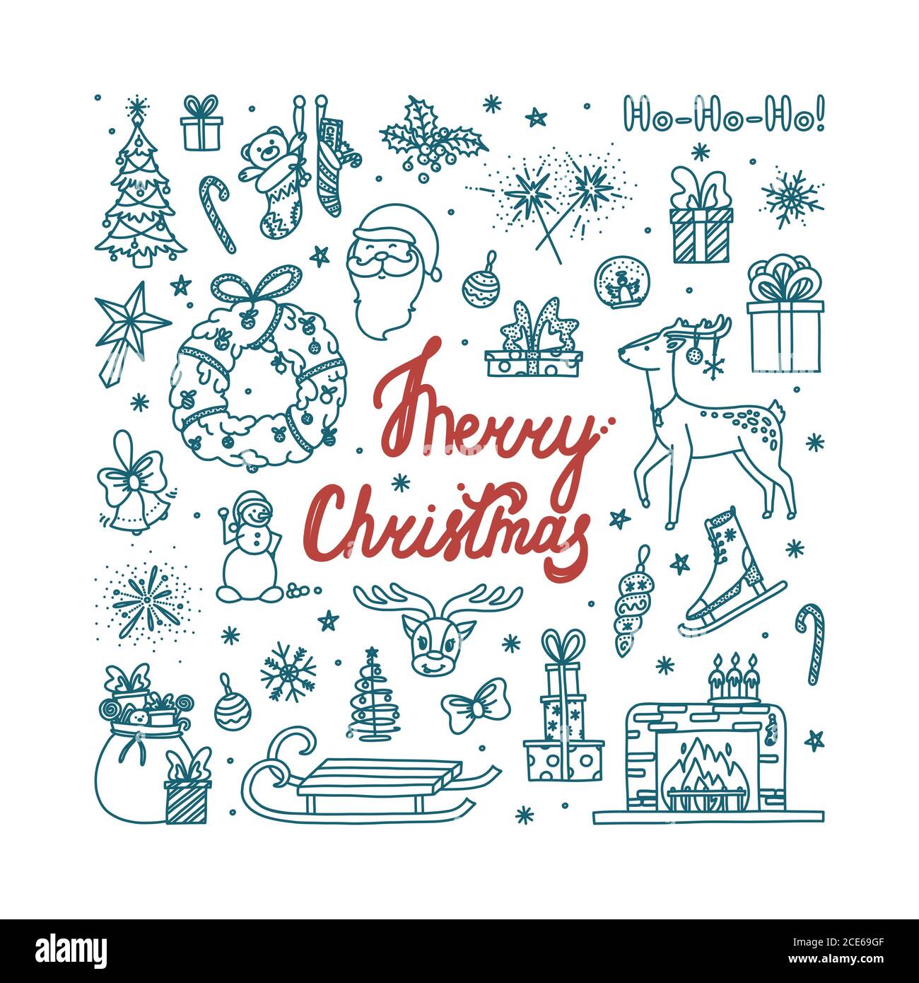 Frohe Weihnachten Doodle mit allen Ferienobjekten. Handgezeichnete Weihnachtsskizze. Isolierte Vektordarstellung Stock Vektor