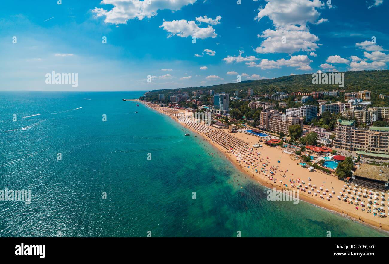 Luftaufnahme des Golden Sands Beach Resort, Zlatni Piasaci in der Nähe von Varna, Bulgarien Stockfoto