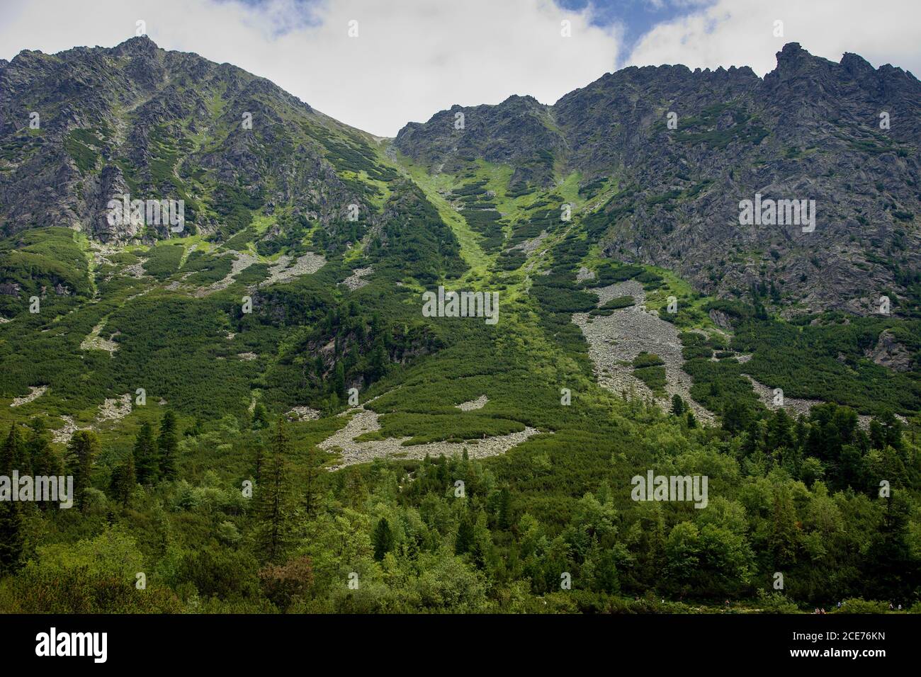 Blick von Popradské tarn auf den Wanderweg, der zum Gipfel Ostrva in der Hohen Tatra, Slowakei führt Stockfoto