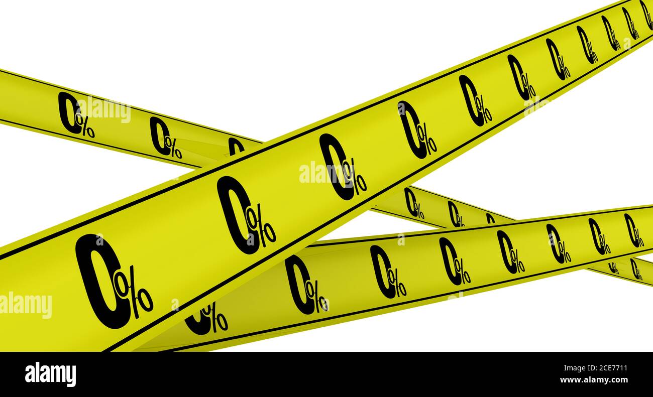 Null Prozent. Gelbe Warnbänder mit der Aufschrift '0% - null Prozent'. Isoliert. 3D-Illustration Stockfoto