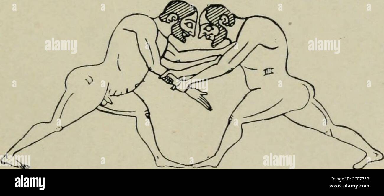 . Griechische Sportveranstaltungen und Festivals . Abb. 112. – R.-f. kylix, in BritishMuseum, E. 84. XVIII AVRESTLING – ARM hält 383 die Heve, und in einem solchen Fall werden die Körper seitlich zueinander gedreht, eine Position, die als Trapadea-ts beschrieben wird.^ EINE nicht verysatisfactory Illustration einer solchen Position ist auf einem BritishMuseum kylix dargestellt, die Theseus und Cercyon darstellt ^ (Abb. 112), mit dem wir die Gruppe von Herakles und Antaeus auf dem Fries des Theaters in Delphi vergleichen können,^ wo diedesideways Position deutlicher gekennzeichnet ist. Theseus und Heraklesscheinen in beiden Fällen vermieden zu haben, die schwerfällige Ansturm der thei Stockfoto