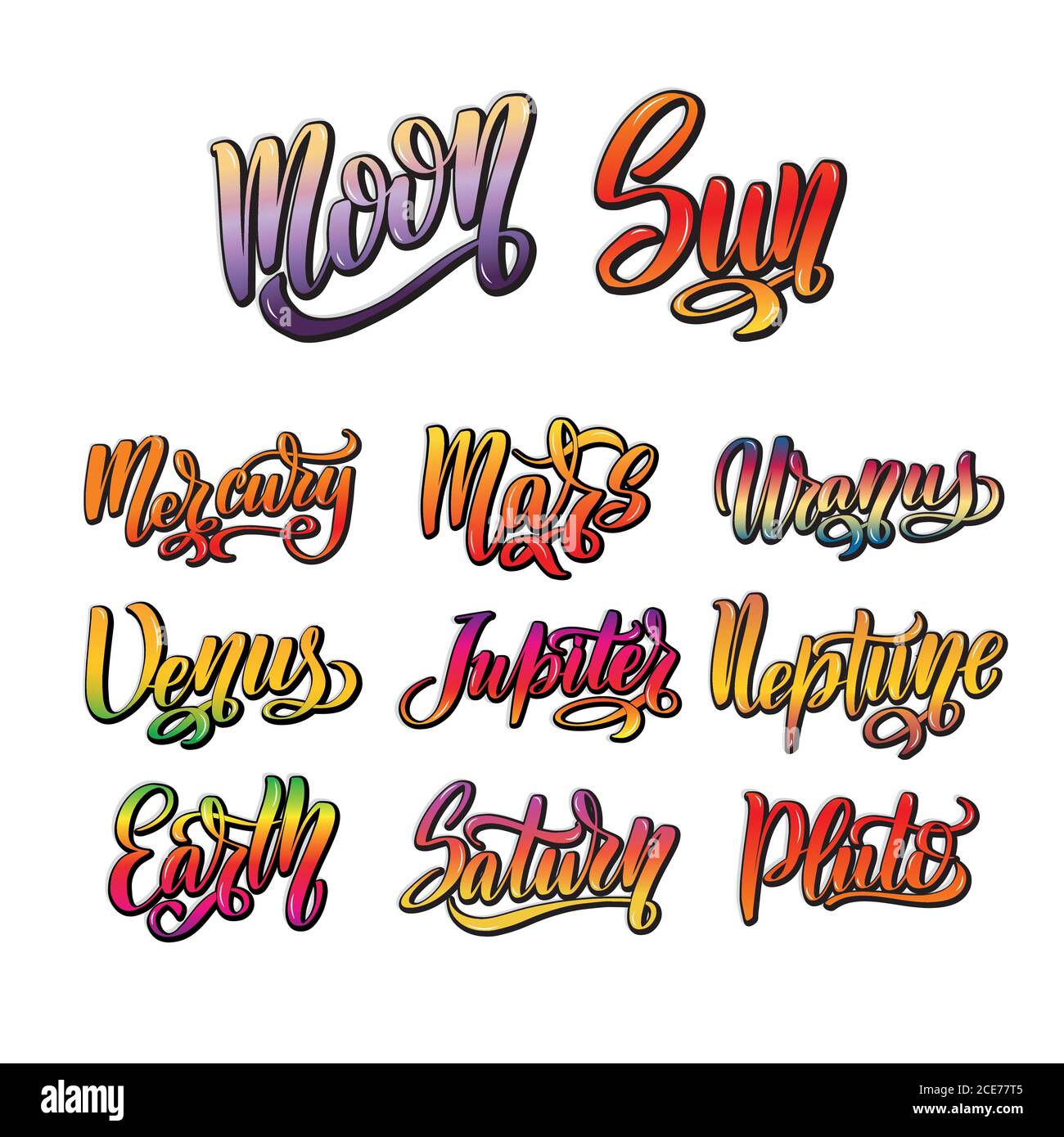 Merkur, Venus Erde, Mars, Jupiter Saturn, Uranus, Neptun, Pluto. Stock Vektor