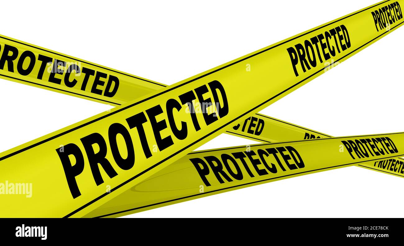 Geschützt. Gelbe Warnbänder mit schwarzem TEXTSCHUTZ. Isoliert. 3D-Illustration Stockfoto