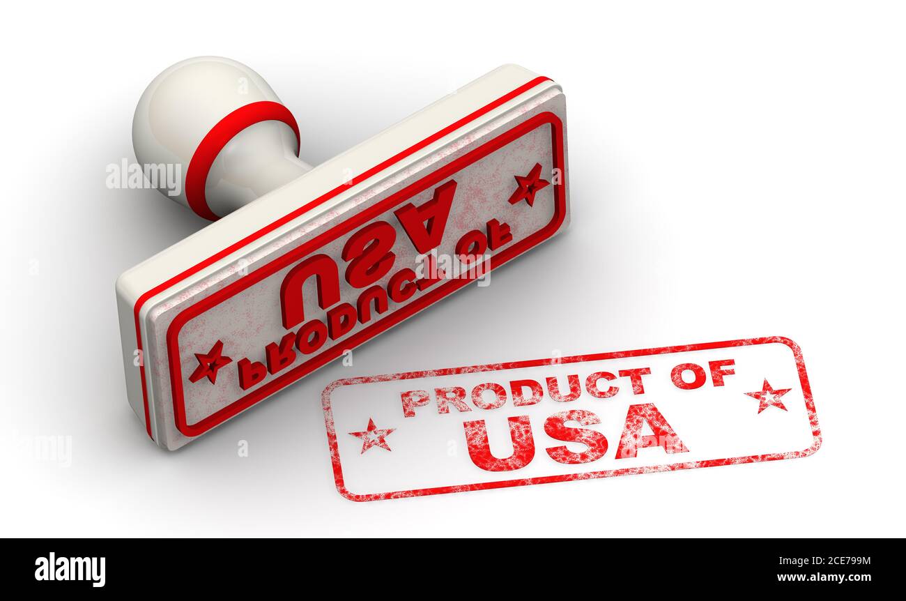 Produkt aus den USA. Der Stempel und ein Aufdruck. Weißer Gummistempel und roter Aufdruck PRODUKT DER USA auf weißer Oberfläche. 3D-Illustration Stockfoto