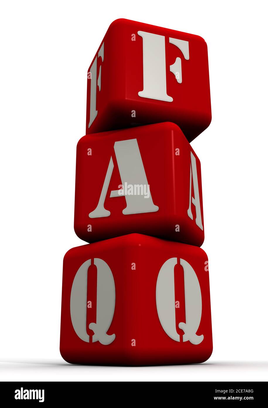 HÄUFIG GESTELLTE FRAGEN. Wort aus roten Würfeln. Das Accronym FAQ (Frequently Asked Questions) wird mit roten Würfeln auf einer weißen Oberfläche hergestellt. 3D-Illustration Stockfoto