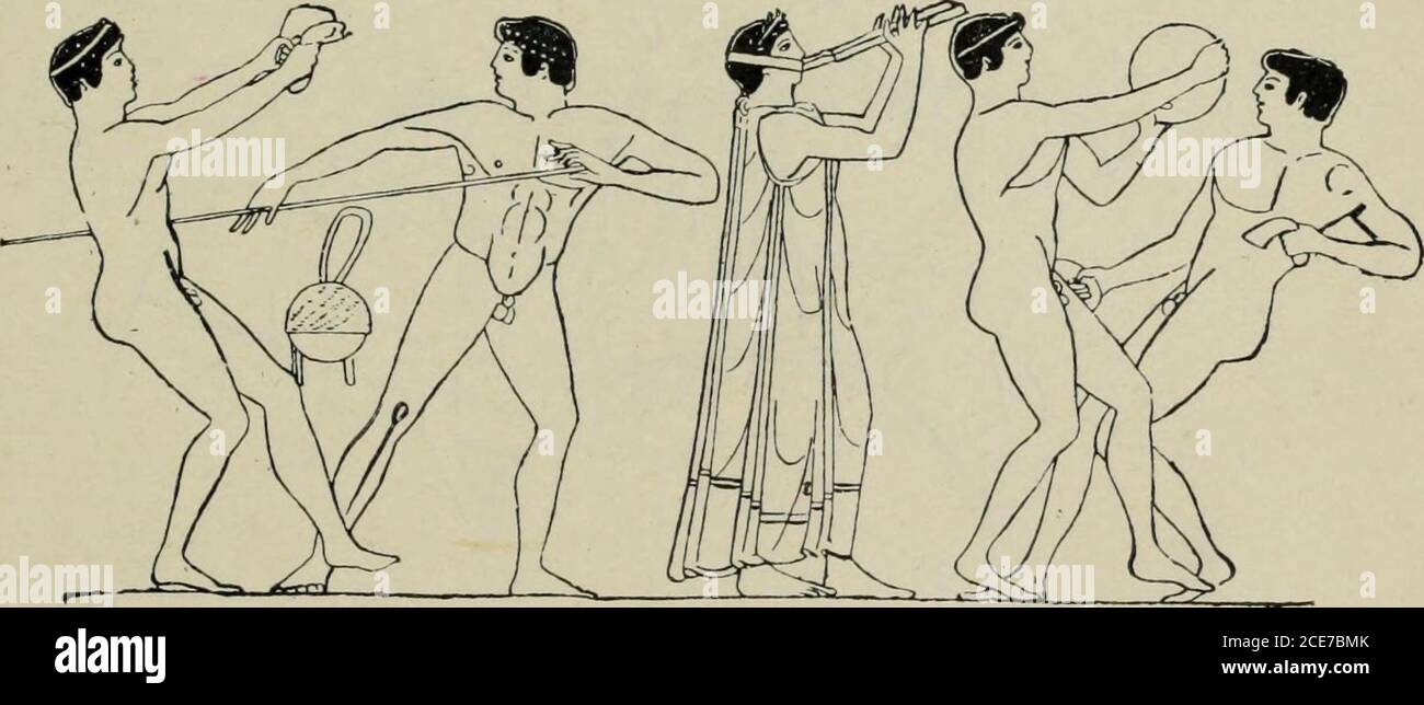 . Griechische Sportveranstaltungen und Festivals . Abb. 63. – R.-f. pelike, in BritishMuseum, E. 427. XIV DER SPRUNG – METHODE ZUR VERWENDUNG von HALTERES 303 Swing und dem Boden des Abwärtsschwingens, obwohl die beiden Typen durch eine eng abgestufte Reihe von Intermediatetypen miteinander verbunden sind.^ EIN gutes Beispiel für den Aufwärtsschwingen findet sich auf einem rotfigurigen Krater, der von Campana dem König von Dänemark präsentiert wird(Abb. L 64, S. <lt ist eine Szene aus dem Leben der Turnhalle, andrftj-trpspnts Jugendliche praktizierend; die exerciaea des Pentathlons. Adiskos in seinem Fall hängt an der Wand. In der Mitte steht ein Spieler. Nach links hat ein Jugendlicher Stockfoto