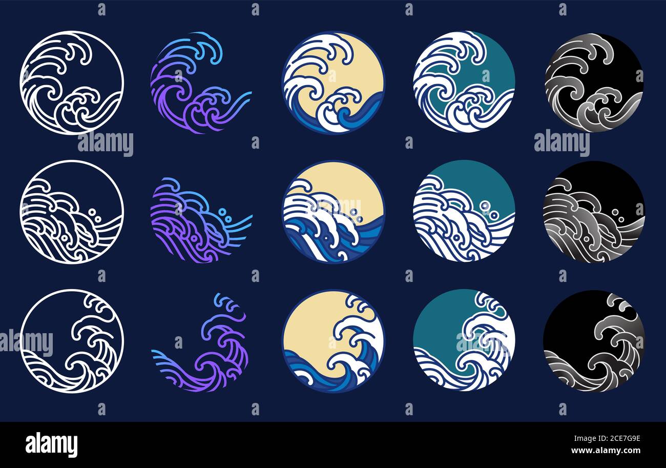 Japan Wasser und Ozean Welle Vektor gesetzt. Orientalisches Grafikdesign. Linienkunst, Füllfarbe Linie und Verlauf in runder Form stilisiert. Stock Vektor