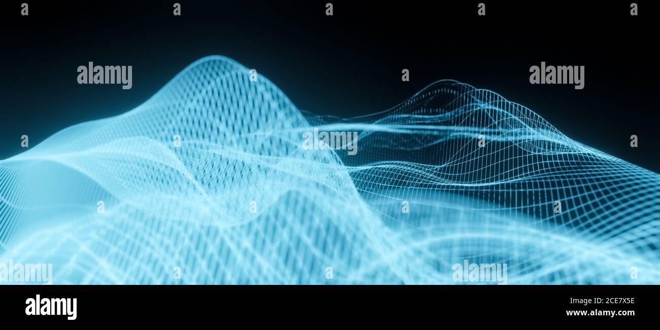 Moderne abstrakte Raster- oder Wireframe-Struktur, virtueller Hintergrund, digitale Technologie, Wissenschaft oder Datenkonzept, Klangwellenvisualisierung, cgi 3D Render Stockfoto