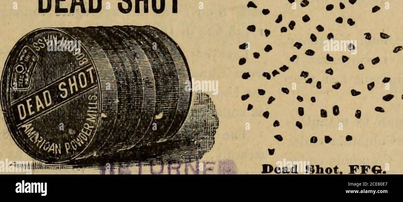 . Hardware Merchandising Januar-Juni 1898 . GEFEIERTER SCHIESSPULVER UNÜBERTROFFEN DURCH ÄHNLICHE QUALITÄTEN VONANY HERSTELLUNG. DEAD SHOT CartridgeCases Elys, U.M.B., und Dominion. MetallicCartridges U.M.C. und do-minion. Sicherung Hanf, Singleand Double Tape. Pistole Wads Dead Shot. FS.. Dead Shot. FFG. Eine bemerkenswert und universell beliebte Marke für allgemeine FIELD und TRAP Schießen. Hat seit dreißig Jahren stetig grownin zugunsten der Vereinigten Staaten. STARK, UNIFORM, kann DEN GANZEN TAG ohne Reinigung der Pistole ausgenutzt werden: Als MO i SIBURNING Powder ist es, für den täglichen Gebrauch, der Sportmansfavorit. TOTE SCHÜSSE sind in ai verpackt Stockfoto
