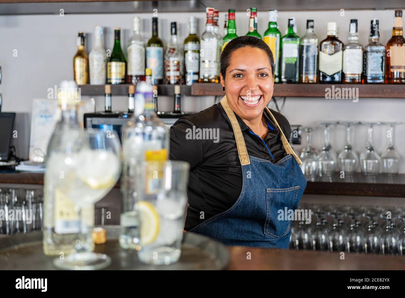 Positive Barkeeperin im Schürze, die an der Theke mit Alkohol steht Getränke und lächeln an der Kamera während der Arbeit im Café Stockfoto