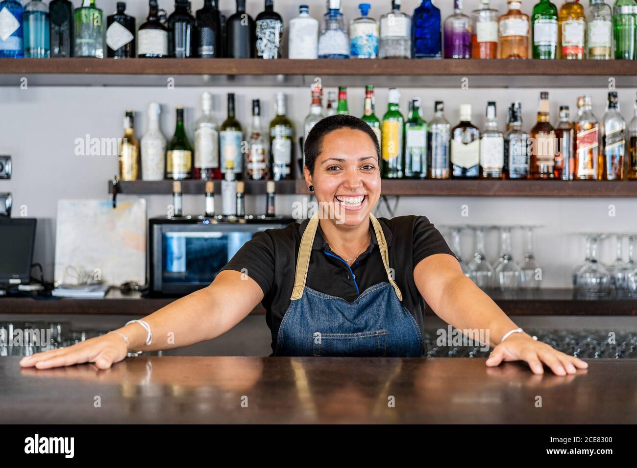 Positive Barkeeperin auf der Schürze, die an der Theke lächelte Kamera während der Arbeit im Café Stockfoto