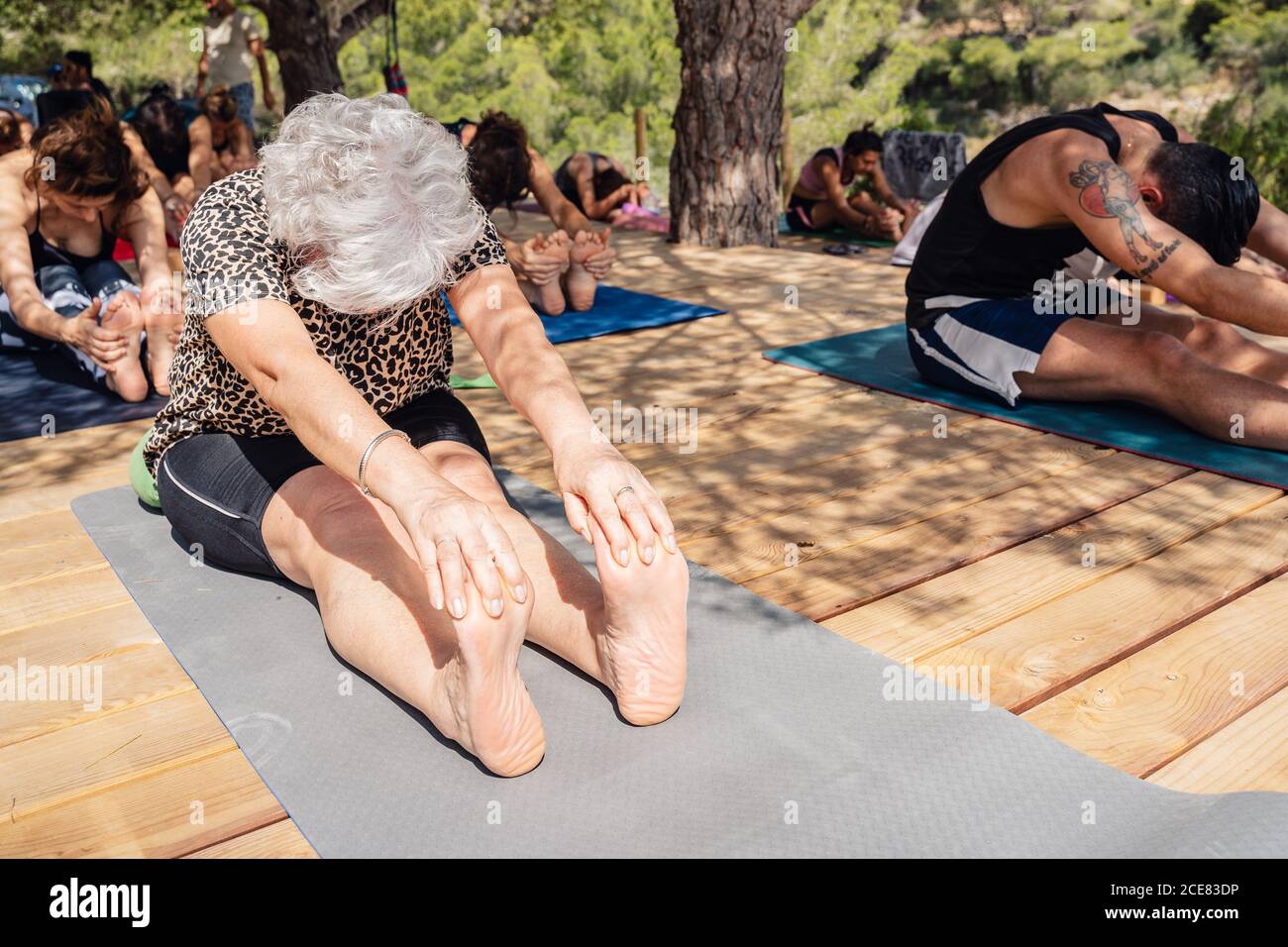 Ganzer Körper einer nicht erkennbaren älteren Frau, die ihren Körper während des Yoga-Unterrichts im Park an einem sonnigen Tag in sitzender Vorwärtsbeugeposition streckt Stockfoto